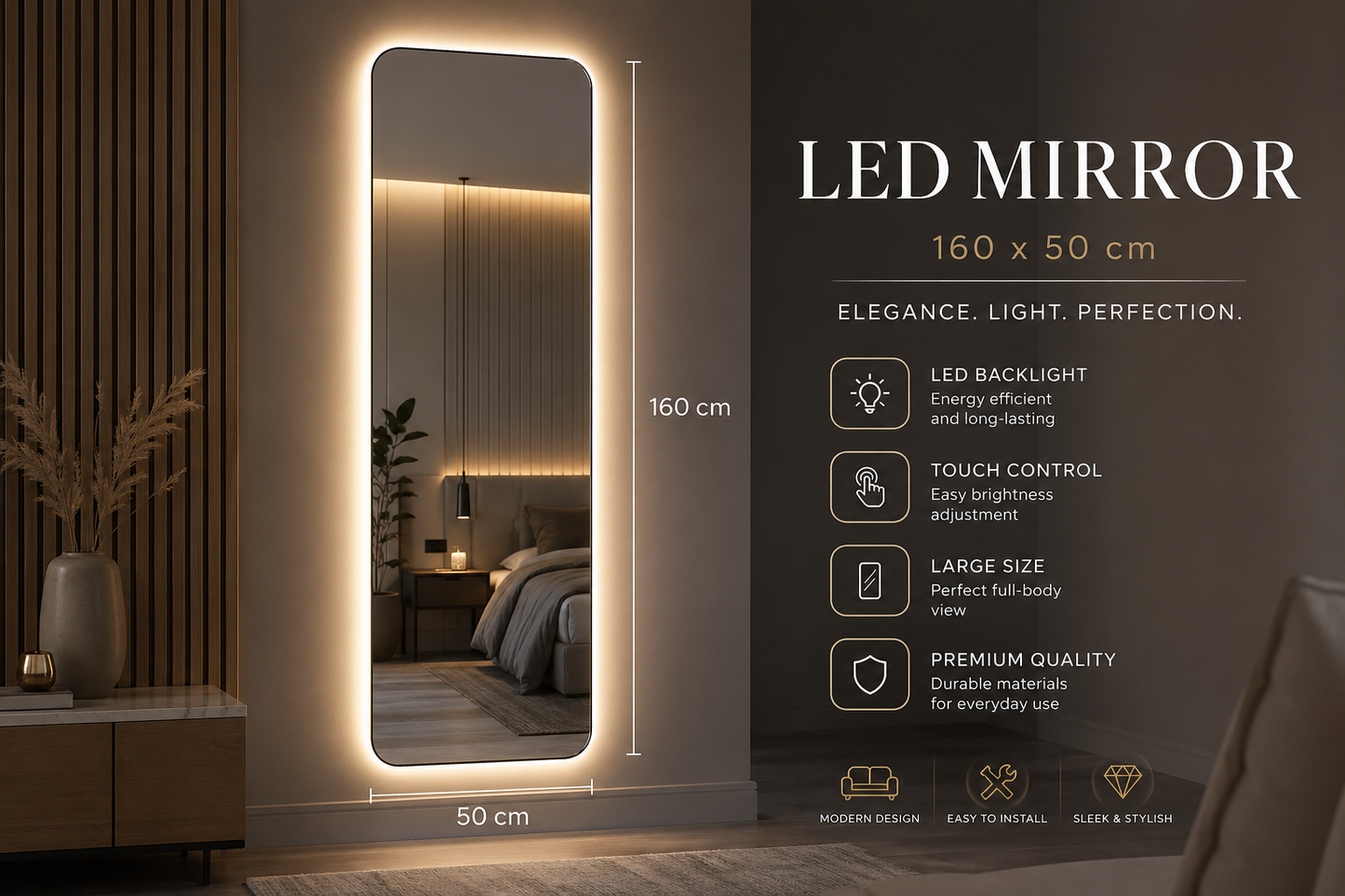LumiMirror™ LED Spiegel XL – Premium Smart Home Design (160×50 cm)